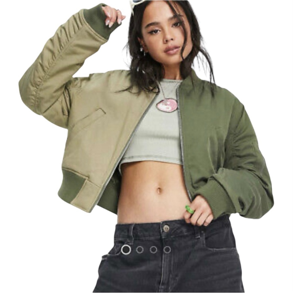 TOPSHOP Cropped half‎ & half Contrast Bomber Pilot Jacket in khaki, Sz 4-6 NWT